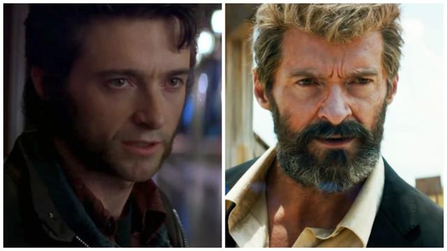 Then and now: Jackman as Wolverine in X-Men (2000) and Logan (2017).