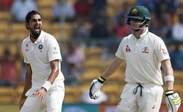 Ishant Sharma appeals unsuccessfully for the wicket of Australia's captain Steven Smith in Bangalore on Sunday. (AP) Ishant Sharma appeals unsuccessfully for the wicket of Australia's captain Steven Smith in Bangalore on Sunday. (AP)