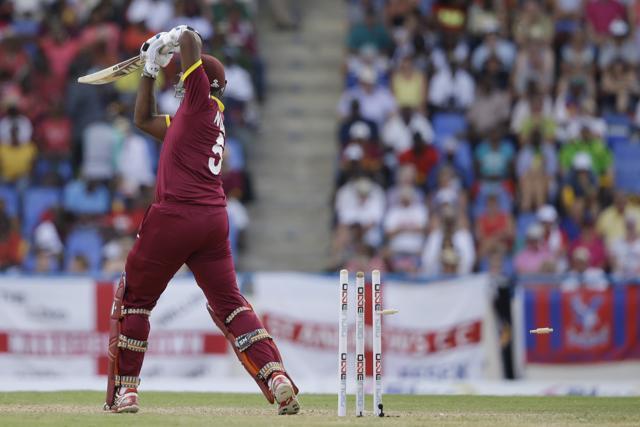 West Indies' Ashley Nurse is bowled by by England's Liam Plunkett during their second ODI encounter. (AP)