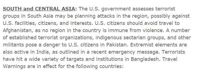 Screen grab of the section on South Asia from the US state department’s updated “worldwide caution”. (US state department)
