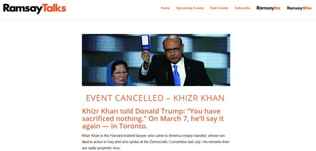 A screenshot of the announcement by Ramsay Talks on the cancellation of Khizr Khan’s talk. A screenshot of the announcement by Ramsay Talks on the cancellation of Khizr Khan’s talk.
