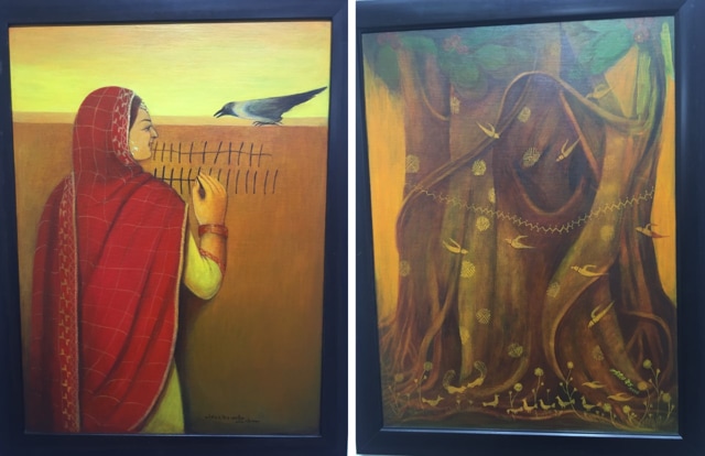 The paintings, ‘Waiting’, and (right) ‘My Phulkari’. (Vikram Jit Singh) The paintings, ‘Waiting’, and (right) ‘My Phulkari’. (Vikram Jit Singh)