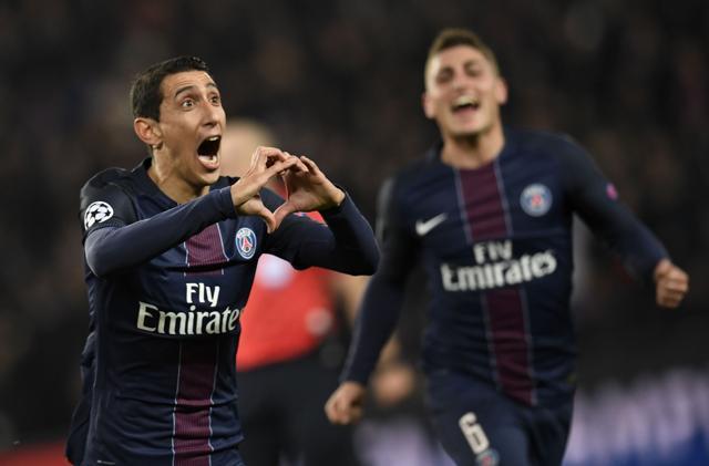 PSG forward Angel Di Maria (L) celebrates after scoring a goal during the UEFA Champions League round of 16 first leg match against FC Barcelona. (AFP) PSG forward Angel Di Maria (L) celebrates after scoring a goal during the UEFA Champions League round of 16 first leg match against FC Barcelona. (AFP)