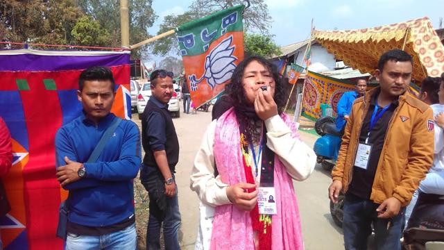 Irom Sharmila blows whistel, her election symbol, outside a polling booth in Manipur on Wednesday. (Sobhapati Samom /HT Photo) Irom Sharmila blows whistel, her election symbol, outside a polling booth in Manipur on Wednesday. (Sobhapati Samom /HT Photo)