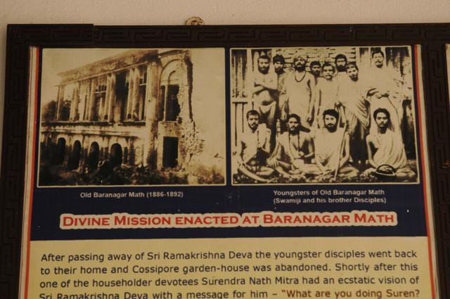 A board in the temporary office of the Baranagar branch of Belur Math contains the picture of the original house and the first groups of monks who lived here. Swami Vivekananda is seen standing, third from left. (Samir Jana) A board in the temporary office of the Baranagar branch of Belur Math contains the picture of the original house and the first groups of monks who lived here. Swami Vivekananda is seen standing, third from left. (Samir Jana)