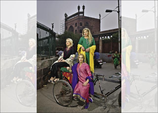 Mariya Stadnik, Yana Rattigan and Sofia Mattson in a cycle rickshaw near Jama Masjid (Raj K Raj )