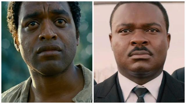 Chiwetel Ejiofor as Solomon Northup, a freed slave in a still from 12 Years a Slave (L), and David Oyelowo as Martin Luther King Jr in a still from Selma. Both actors are British.