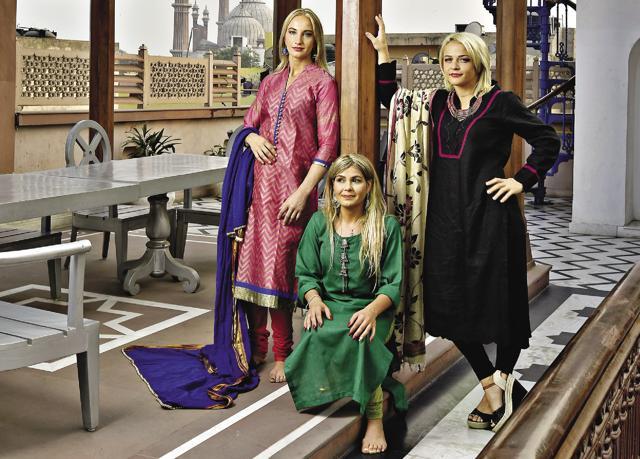 Sofia Mattson, Yana Rattigan and Mariya Stadnik in Indian wear at Haveli Dharampura in Delhi’s Chandni Chowk (Raj K Raj)