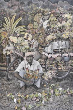The Flower Seller, shot by Waswo X Waswo and painted by Rajesh Soni, trains your gaze to the people often rendered invisible in our cities. On view at Tarq. (Courtesy Tasveer) The Flower Seller, shot by Waswo X Waswo and painted by Rajesh Soni, trains your gaze to the people often rendered invisible in our cities. On view at Tarq. (Courtesy Tasveer)