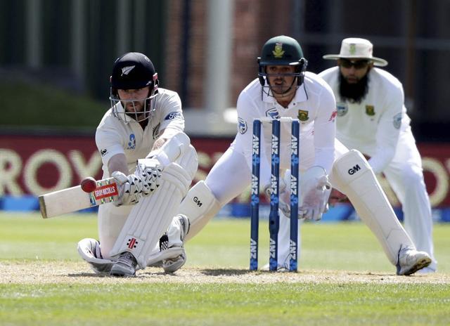 Dunedin : New Zealand's Kane Williamson plays a sweep shot to bring up his century. (AP) Dunedin : New Zealand's Kane Williamson plays a sweep shot to bring up his century. (AP)