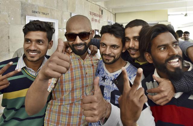 Maruti workers who were convicted celebrate after the verdict in Gurgaon on Friday. (Sanjeev Verma/HT PHOTO) Maruti workers who were convicted celebrate after the verdict in Gurgaon on Friday. (Sanjeev Verma/HT PHOTO)
