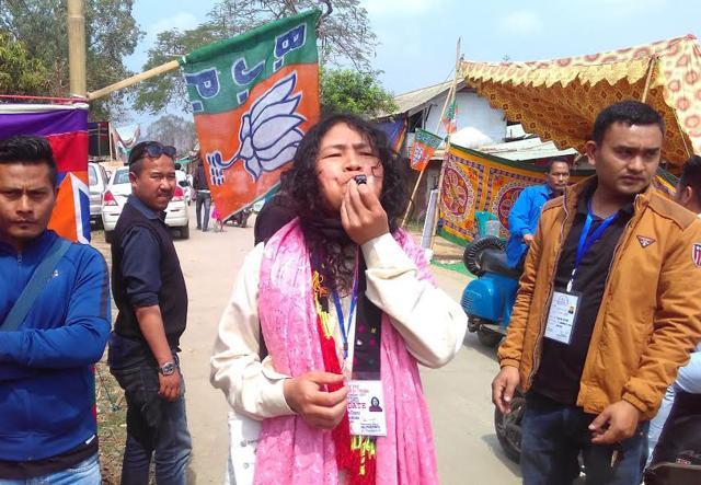 Irom sharmila blowing a whistle, her party symbol, near a polling station in Thoubal district on the last phase polling in Manipur on Wednesday. (Sobhapati Samom/Hindustan Times) Irom sharmila blowing a whistle, her party symbol, near a polling station in Thoubal district on the last phase polling in Manipur on Wednesday. (Sobhapati Samom/Hindustan Times)