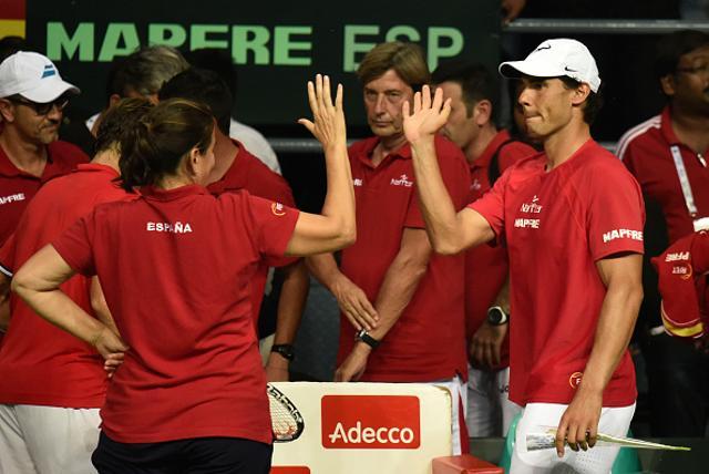 Rafael Nadal with team captain Conchita Martinez during the Davis Cup match vs India in New Delhi on September 18, 2016 (Hindustan Times via Getty Images) Rafael Nadal with team captain Conchita Martinez during the Davis Cup match vs India in New Delhi on September 18, 2016 (Hindustan Times via Getty Images)