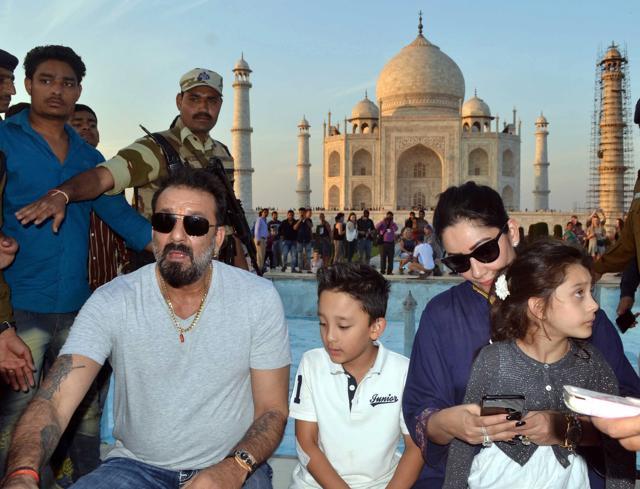 Actor Sanjay Dutt with his wife Manyata and children Shahran and Iqra during their Taj Mahal visit. (PTI)