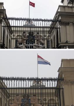 In this combo image, a Turkish flag (top picture) flies over the Dutch consulate in Istanbul shortly after a man climbed onto the roof and replaced the Netherlands' flag with the Turkish one, while (bottom picture) the Netherlands one is restored after the man was apprehended. (AP) In this combo image, a Turkish flag (top picture) flies over the Dutch consulate in Istanbul shortly after a man climbed onto the roof and replaced the Netherlands' flag with the Turkish one, while (bottom picture) the Netherlands one is restored after the man was apprehended. (AP)