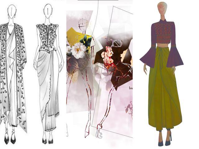 (L-R) A creation by AM:PM at the specially curated Sari 24/7 show; a sketch by Hemant-Nandita and Shruti Sancheti’s preview sketch for the Jharcraft showcase. (L-R) A creation by AM:PM at the specially curated Sari 24/7 show; a sketch by Hemant-Nandita and Shruti Sancheti’s preview sketch for the Jharcraft showcase.
