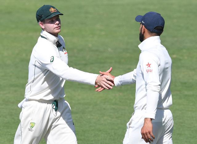 Australias captain Steve Smith (left) greets Indias captain Virat Kohli after winning the first Test in Pune on February 25, 2017. (AFP) Australias captain Steve Smith (left) greets Indias captain Virat Kohli after winning the first Test in Pune on February 25, 2017. (AFP)