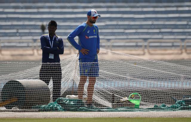 Australia's Nathan Lyon inspects the Ranchi pitch. (REUTERS)