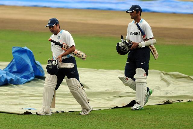 Sachin Tendulkar (left) and Rahul Dravid during a nets session at Bangalore’s M. Chinnaswamy Stadium on October 7, 2010. (Getty Images) Sachin Tendulkar (left) and Rahul Dravid during a nets session at Bangalore’s M. Chinnaswamy Stadium on October 7, 2010. (Getty Images)
