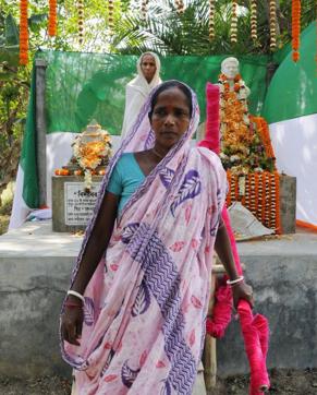 Aloka Das stands near the garlanded bust of her son Gobindo, who was killed in police firing on March 14. (Subhankar Chakraborty/HT PHOTO) Aloka Das stands near the garlanded bust of her son Gobindo, who was killed in police firing on March 14. (Subhankar Chakraborty/HT PHOTO)