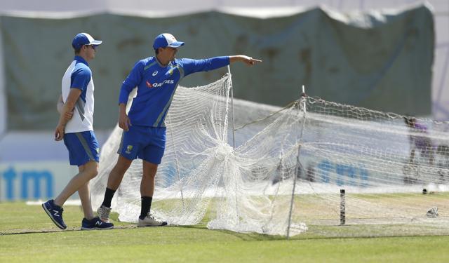 Australia's captain Steven Smith and teammate Steve O'Keefe inspect the pitch in Ranchi (AP)