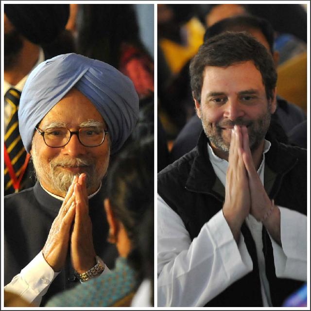 Former Prime Minister Manmohan Singh and Rahul Gandhi at Capt Amarinder’s swearing-in in Chandigarh on Thursday. (Keshav Singh/HT)