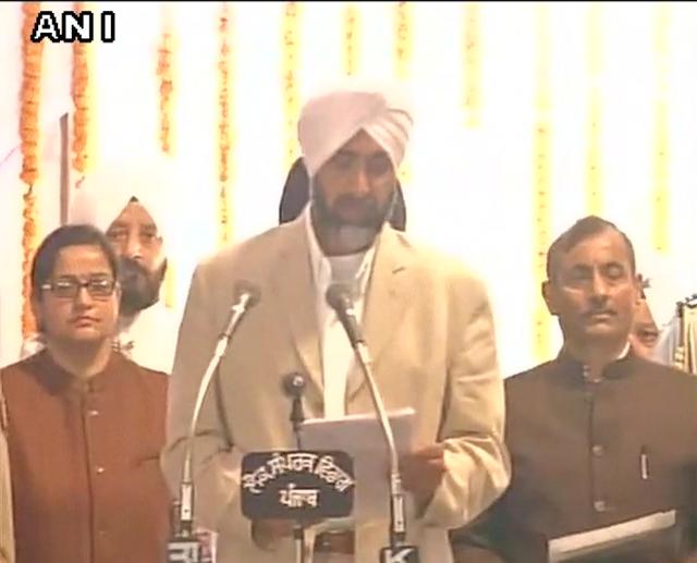Manpreet Singh Badal taking oath in at Captain Amarinder’s swearing-in ceremony in Chandigarh on Thursday. (ANI )