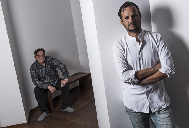 Photographer Waswo X Waswo (left) and artist Rajesh Soni at Tarq Gallery in Colaba (Aalok Soni/HT photo)