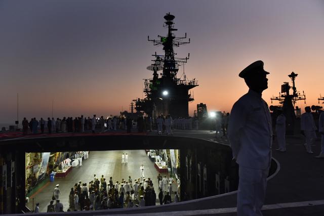 An officer aboard the longest serving aircraft carrier, INS Viraat , at Naval Dockyard. The carrier was decommissioned on March 6. (Anshuman Poyrekar/HT Photo)