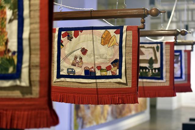 The Plain of Aspiration (Detail), 2016, by Sri Lankan artist Paula Sengupta is a series that maps her travels to Buddhist shrines. Each panel depicts a holy Buddhist site. (Raj K Raj/HT Photo) The Plain of Aspiration (Detail), 2016, by Sri Lankan artist Paula Sengupta is a series that maps her travels to Buddhist shrines. Each panel depicts a holy Buddhist site. (Raj K Raj/HT Photo)