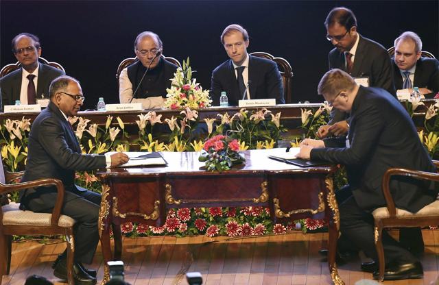 Defence minister Arun Jaitley and Russia’s minister of industry and trade Denis Manturov at the signing ceremony during the India-Russia Military and Industrial Conference in New Delhi on Friday. (PTI) Defence minister Arun Jaitley and Russia’s minister of industry and trade Denis Manturov at the signing ceremony during the India-Russia Military and Industrial Conference in New Delhi on Friday. (PTI)