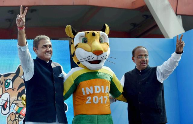 Union Sports Minister Vijay Goyal (right) with All India Football Federation (AIFF) president Praful Patel during the launch of Kheleo, the mascot for FIFA U-17 World Cup 2017, in New Delhi in February. (PTI) Union Sports Minister Vijay Goyal (right) with All India Football Federation (AIFF) president Praful Patel during the launch of Kheleo, the mascot for FIFA U-17 World Cup 2017, in New Delhi in February. (PTI)