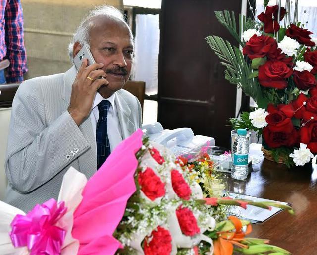 Brahm Mohindra taking a call in his office at the Punjab secretariat in Chandigarh on Friday. (HT Photo) Brahm Mohindra taking a call in his office at the Punjab secretariat in Chandigarh on Friday. (HT Photo)