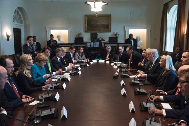 US President Donald Trump and Germany's Chancellor Angela Merkel at a meeting with business leaders in the Cabinet Room of the White House on Friday. (AFP) US President Donald Trump and Germany's Chancellor Angela Merkel at a meeting with business leaders in the Cabinet Room of the White House on Friday. (AFP)