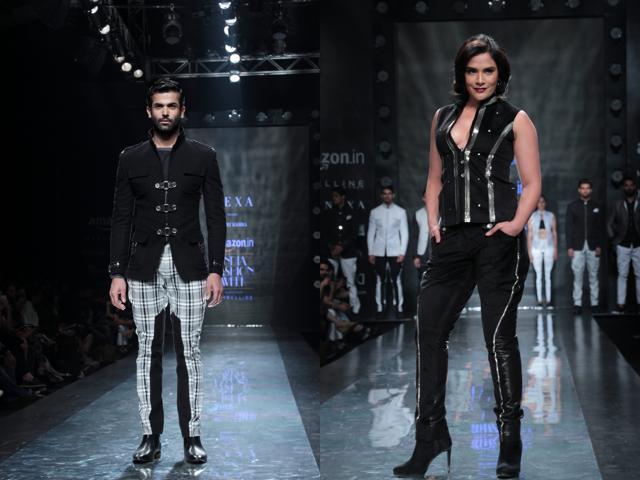 Black and white for autumn was seen at Rohit Kamra’s show. Actor Richa Chadda walked for Kamra. (Shivam Saxena/HT)
