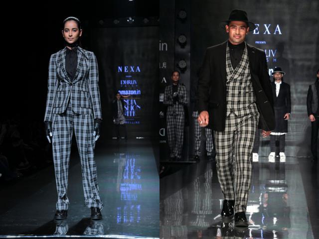 The checkered suit made a statement at Dhruv Vaish’s show. Wrestler Sangram Singh walked for Vaish. (Shivam Saxena/HT)