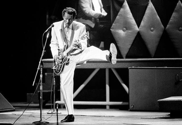 Chuck Berry performs during a concert celebration for his 60th birthday at the Fox Theatre in St. Louis on October 17, 1986 (AP File)