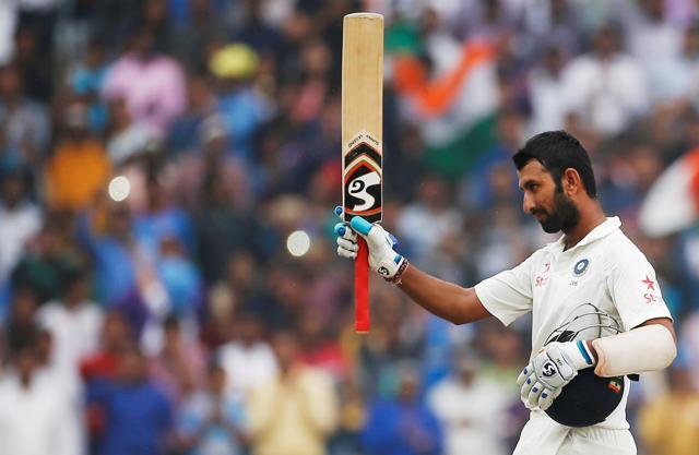 Cheteshwar Pujara celebrates his double century. (REUTERS) Cheteshwar Pujara celebrates his double century. (REUTERS)