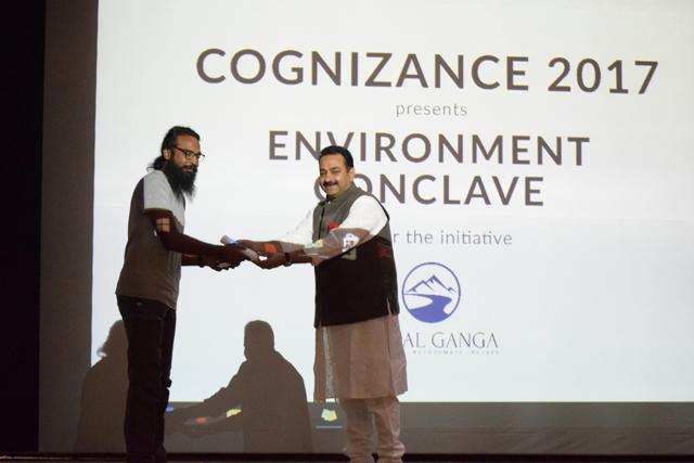 Siddhant Aggarwal, co-founder of Veditam Ganga, being honoured by the chief guest Dr Arvind Kumar, chairperson, India Water Foundation, at the curtain raiser of Cognizance 2017. (Handout) Siddhant Aggarwal, co-founder of Veditam Ganga, being honoured by the chief guest Dr Arvind Kumar, chairperson, India Water Foundation, at the curtain raiser of Cognizance 2017. (Handout)