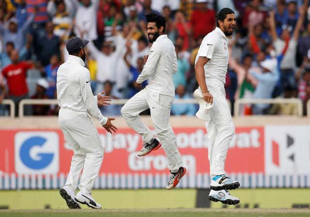 Ravindra Jadeja celebrates after getting David Warner cheaply in the Ranchi Test. (REUTERS)