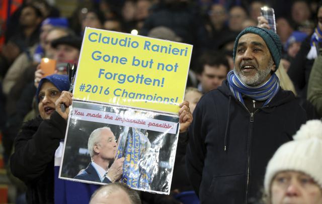 A Leicester fan holds a banner of support for former manager Claudio Ranieri , during their Premier League match against Liverpool. (AP) A Leicester fan holds a banner of support for former manager Claudio Ranieri , during their Premier League match against Liverpool. (AP)