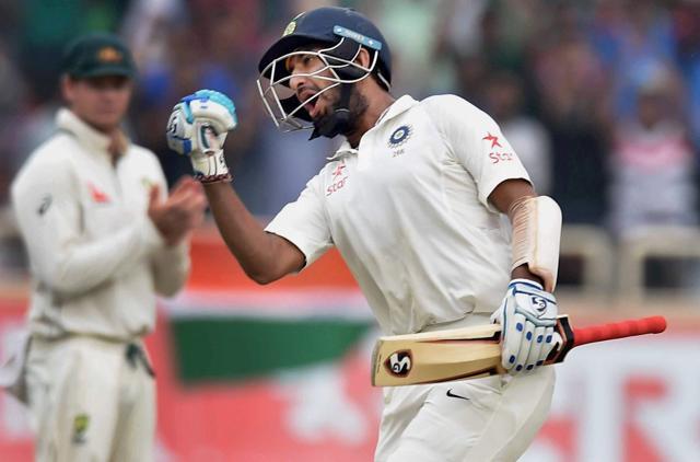 Cheteshwar Pujara celebrates his double century against Australia in Ranchi. (PTI) Cheteshwar Pujara celebrates his double century against Australia in Ranchi. (PTI)