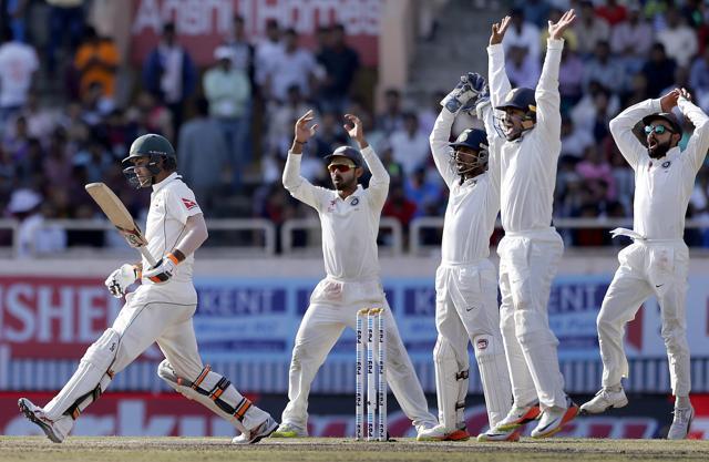 India's captain Virat Kohli, right, and teammates appeal unsuccessfully for the dismissal of Australia's Glenn Maxwell, left, during the fifth day of the third Test in Ranchi, on March 20, 2017. (AP) India's captain Virat Kohli, right, and teammates appeal unsuccessfully for the dismissal of Australia's Glenn Maxwell, left, during the fifth day of the third Test in Ranchi, on March 20, 2017. (AP)
