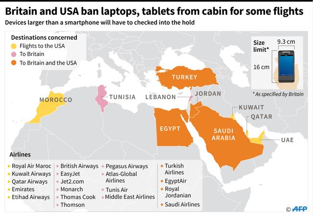 Countries affected by the British and US bans on laptops and tablet computers as hand luggage. (AFP) Countries affected by the British and US bans on laptops and tablet computers as hand luggage. (AFP)