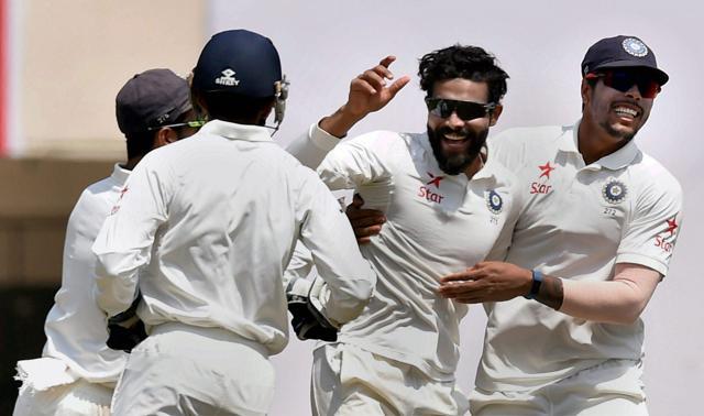 Ravindra Jadeja celebrates with teammates after the dismissal of Australian skipper Steven Smith on 5th day of 3rd Test in Ranchi on March 20. (PTI) Ravindra Jadeja celebrates with teammates after the dismissal of Australian skipper Steven Smith on 5th day of 3rd Test in Ranchi on March 20. (PTI)