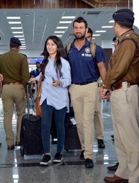 Cheteshwar Pujara arrives at Dharamsala airport on Tuesday ahead of the fourth and last India vs Australia Test. The series is tied 1-1. (PTI) Cheteshwar Pujara arrives at Dharamsala airport on Tuesday ahead of the fourth and last India vs Australia Test. The series is tied 1-1. (PTI)