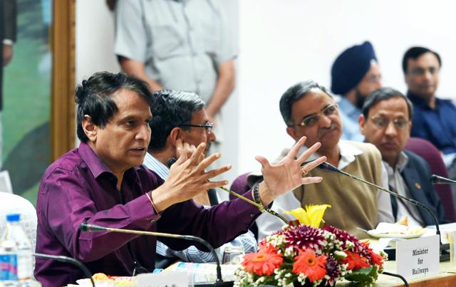 Railways minister Suresh Prabhu during a meeting in New Delhi on improving the quality of catering services provided by Indian Railways. (PTI) Railways minister Suresh Prabhu during a meeting in New Delhi on improving the quality of catering services provided by Indian Railways. (PTI)