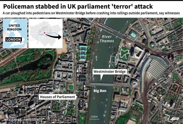 Map of London, locating the Houses of Parliament, site of attacks Wednesday. (AFP) Map of London, locating the Houses of Parliament, site of attacks Wednesday. (AFP)