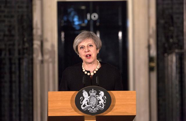 Britain's Prime Minister Theresa May makes a statement at Downing street in London. (REUTERS) Britain's Prime Minister Theresa May makes a statement at Downing street in London. (REUTERS)