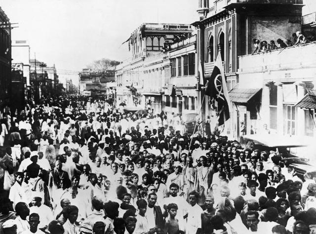 National volunteers, supporters of Mahatma Gandhi march through the streets of Madras carrying the banner of home rule, 1930. (Getty Images) National volunteers, supporters of Mahatma Gandhi march through the streets of Madras carrying the banner of home rule, 1930. (Getty Images)